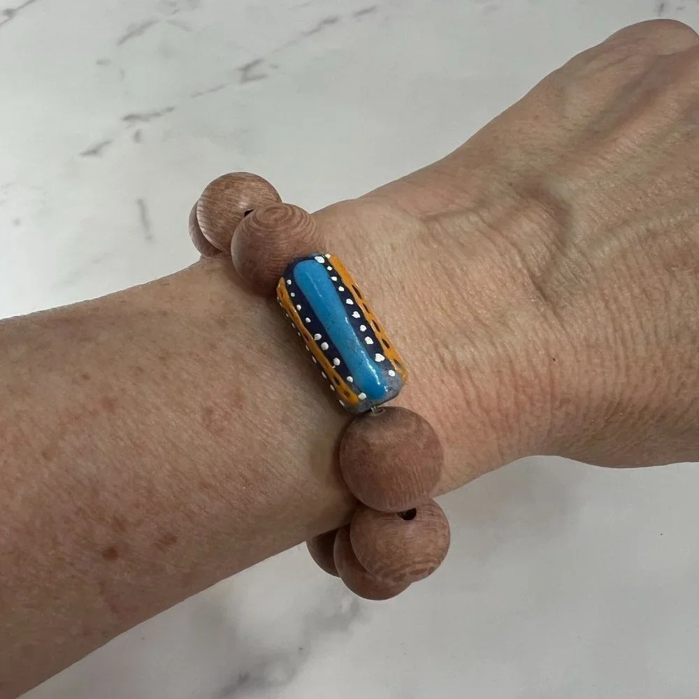 Rosewood Bead & Krobo Glass Stretch Bracelet